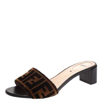 مملوكة مسبقًا Fendi Brown/Black Velvet and Leather Open Toe Sandals Size 37