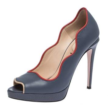 Pre Owned Fendi Mineral Alloy Lizard Embossed and Leather Scalloped Peep Toe Platform Pumps Size 36.5