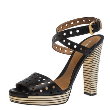 Pre Owned Fendi Black Perforated Ankle Strap Platform Sandals Size 40