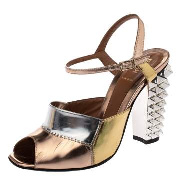 Pre Owned Fendi Metallic Multicolor Leather Polifonia Ankle Strap Sandals Size 37