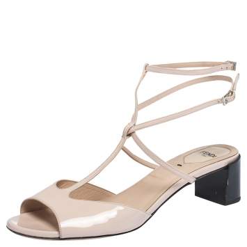 Pre Owned Fendi Pink Patent Leather T Bar Monster Eye Block Heel Sandals Size 40