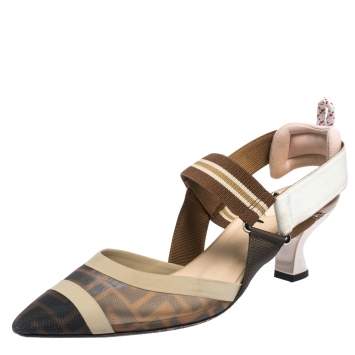 Pre Owned Fendi Multicolor Mesh, Canvas And Leather Colibri Slingback Sandals Size 38.5