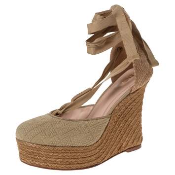 Pre Owned Fendi Beige Monogram Canvas And Jute Espadrille Wedge Ankle Wrap Platform Sandals Size 40
