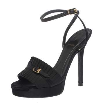 Pre Owned Fendi Black Satin Pleated Detail And FF Logo Buckle Ankle Strap Platform Sandals Size 35