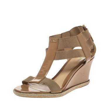 Pre Owned Fendi Beige Patent Leather And Stretch Fabric Carioca Wedge Espadrille Sandals Size 37