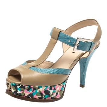 Pre Owned Fendi Multicolor Leather And Lizard Embossed Trim T-Strap Fendista Platform Sandals Size 37