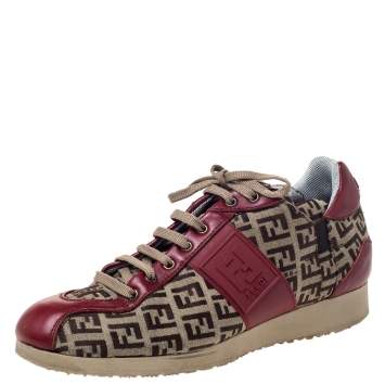 Pre Owned Fendi Zucca Beige Canvas And Red Leather Lace Up Sneakers Size 36