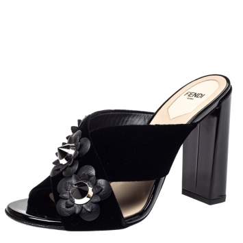 Pre Owned Fendi Black Velvet and Patent Leather Floral Applique Crisscross Sandals Size 38