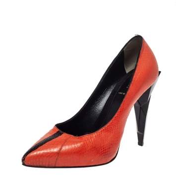 Pre Owned Fendi Orange Python Leather Diamond Heel Pumps Size 38.5 