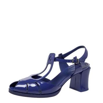 Pre Owned Fendi Blue Patent Leather Chameleon Block Heel Sandals Size 38