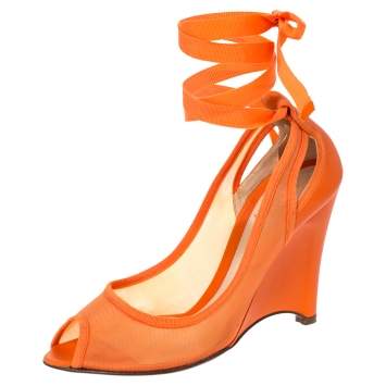 Pre Owned  Fendi Orange Mesh And Leather Peep Toe Cut Out Wedge Ankle Warp Pumps Size 39