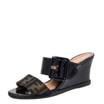 Pre Owned Fendi Black Patent Leather and Zucca Canvas Demi Wedge Slides Size 37