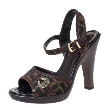 Pre Owned Fendi Brown Zucca Canvas And Leather Trim Open Toe Ankle Strap Sandals Size 36