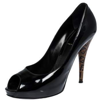 Pre Owned Fendi Black Patent Leather FF Heels Peep Toe Platform Pumps Size 40