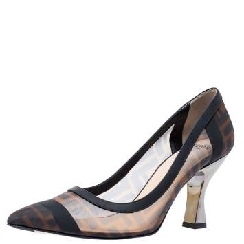 Pre Owned Fendi Brown/Black Zucca Mesh And Leather Trim Colibrì Pointed Toe Pumps Size 37.5
