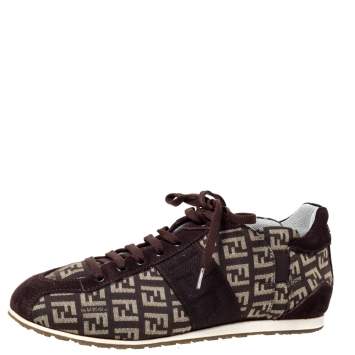 Pre Owned Fendi Brown FF Canvas And Suede Trim Low Top Sneakers Size 36
