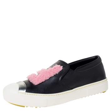 Pre Owned Fendi Black Black Leather And Shearling Fur Fflynn Slip On Sneaker Size 42