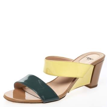 Pre Owned Fendi Multicolor Patent Leather Wedge Slide Sandals Size 39.5