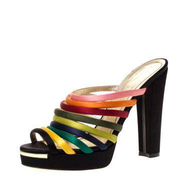 Pre Owned Fendi Multicolor Satin Platform Wedge Ankle Strap Sandals Size 39