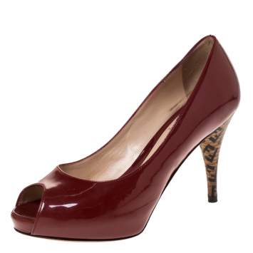 Pre Owned Fendi Red Patent Leather Peep Toe Platform Pumps Size 36