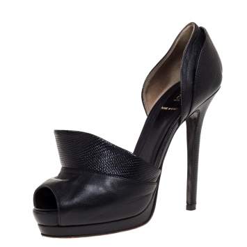 Pre Owned Fendi Black Leather And Lizard Print Anemone D'orsay Peep Toe Platform Pumps Size 38.5