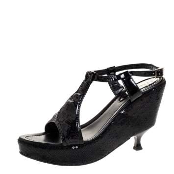 Pre Owned Fendi Black Patent And Sequin Platform Wedge Heel Ankle Strap Sandals Size 39