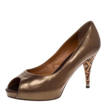 Pre Owned Fendi Metallic Bronze Leather Zucchino Heel Peep Toe Pumps Size 37.5