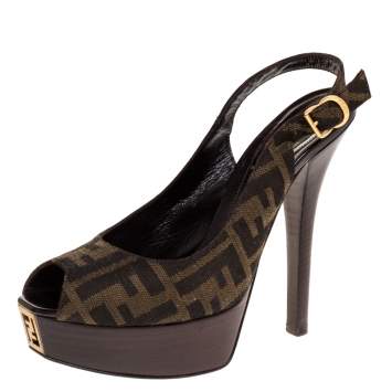 Pre Owned Fendi Tobacco Zucca Canvas Fendista Platform Slingback Sandals Size 38