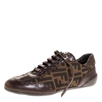 Pre Owned Fendi Brown Zucca Canvas And Leather Low Top Sneakers Size 39