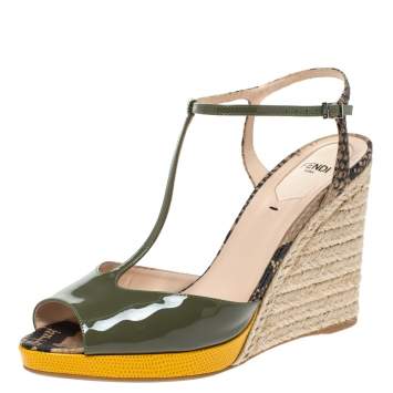Pre Owned Fendi Multicolor Patent Leather and Python Embossed Elodie Espadrilles Wedge Sandals Size 40