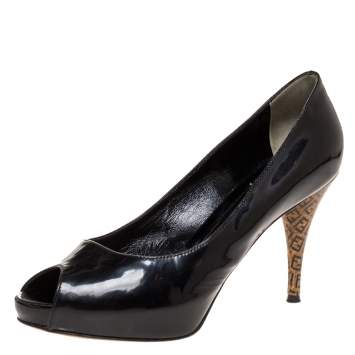 Pre Owned Fendi Black Patent Leather Zucca Print Heel Peep Toe Platform Pumps Size 38.5