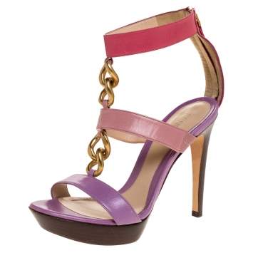 Pre Owned Fendi Tricolor Leather Chain Link Embellished Platform Sandals Size 37