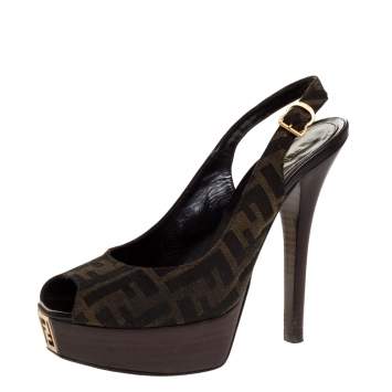 Pre Owned Fendi Brown Zucca Canvas Platform Peep Toe Ankle Strap Sandals Size 39