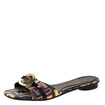 مملوكة مسبقًا Fendi Multicolor Coated Canvas Flat Slide Sandals Size 36