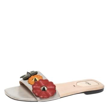 Pre Owned Fendi Multicolor Leather Flowerland Flat Slides 37