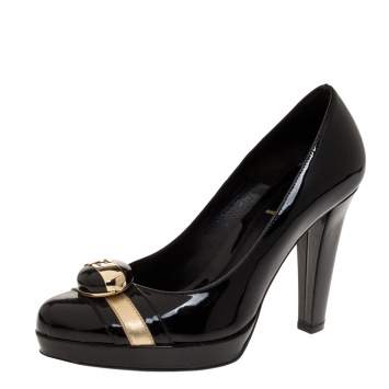 Pre Owned Fendi Black Patent Leather Logo Embellished Platform Pumps Size 37.5