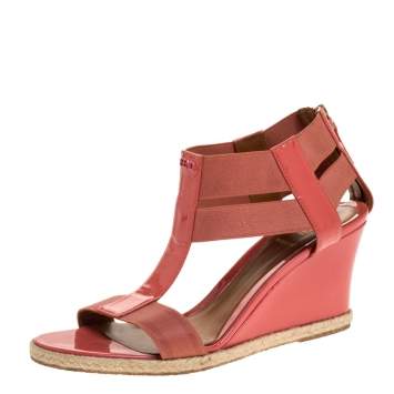 Pre Owned Fendi Coral Patent Leather And Elastic Fabric T-Strap Espadrille Wedge Sandals Size 37
