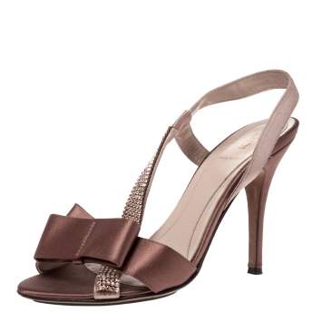 Pre Owned Fendi Brown Satin Crystal Embellished Bow Slingback Sandals Size 37