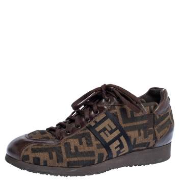 Pre Owned Fendi Tobacco Zucca Canvas and Leather Trim Low Top Sneakers Size 37