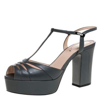 Pre Owned Fendi Grey Leather T-Strap Cut-out Platform Sandals Size 40