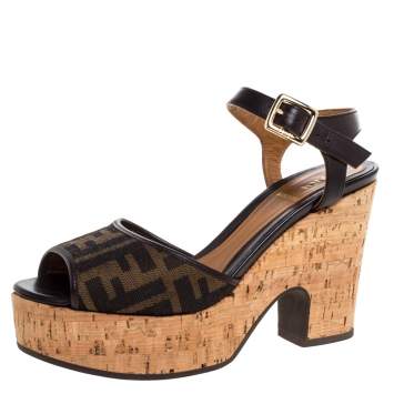 Pre Owned Fendi Tobacco Zucca Canvas and Leather Cork Wedge Platform Ankle Strap Sandals Size 36