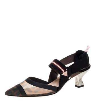 Pre Owned Fendi Black/Tobacco Zucca Mesh Colibri Slingback Pumps Size 37.5