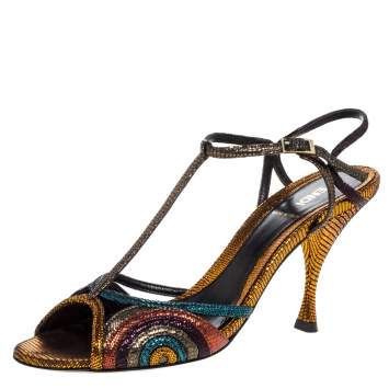 Pre Owned Fendi Multicolor Glitter Leather Ankle Strap Sandals Size 38.5