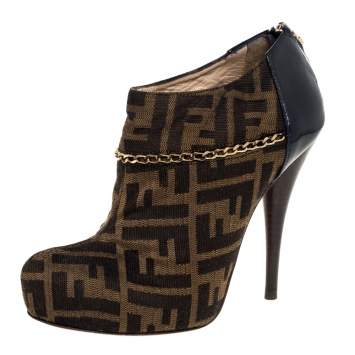 Pre Owned Fendi Brown/Blue Zucca Canvas And Patent Leather Platform Ankle Booties Size 37.5