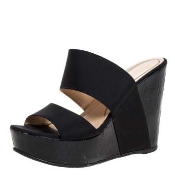 Pre Owned Fendi Black Fabric Wedge Platform Slide Sandals Size 37.5