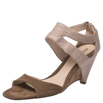 Pre Owned Fendi Beige Suede And Python Embossed Leather Wedge Ankle Strap Sandals Size 40
