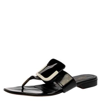 Pre Owned Fendi Black Patent Leather Thong Flats Size 40