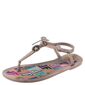 Pre Owned Fendi Beige Rubber Logo Charm Sunny Thong Flat Sandals Size 41