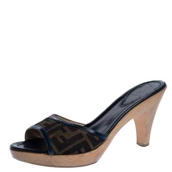 Pre Owned Fendi Brown Zucca Canvas And Leather Trims Platform Open Sandals Size 40