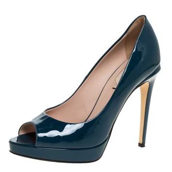 Pre Owned Fendi Blue Patent Leather Peep Toe Platform Pumps Size 36